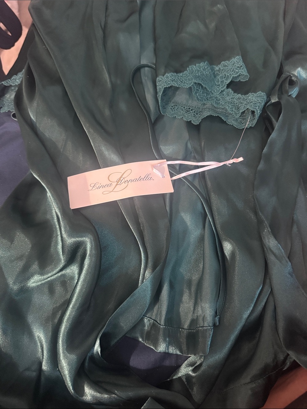 Linea Donatella Satin Lace Robe — Deep Teal